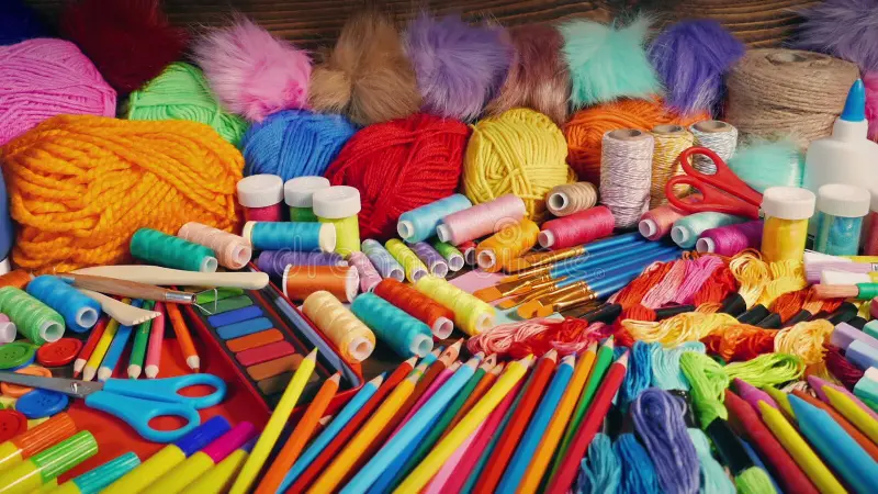 kid s art materials display arts crafts concept mixture various crafting tools colorful displayn 245890221
